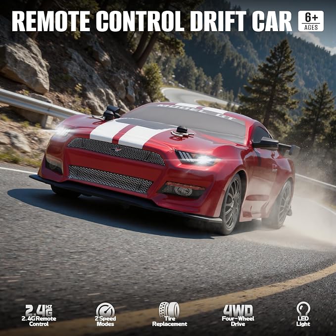 RC Drift Car, 1:24 Scale Remote Control Cars Vehicle for Kids, 2.4GHz 20KM/H 4WD High Speed RC Cars with LED Light Two Batteries & Drifting Tires Racing Sport Toy Car for Adults Boys Girls 8602RD