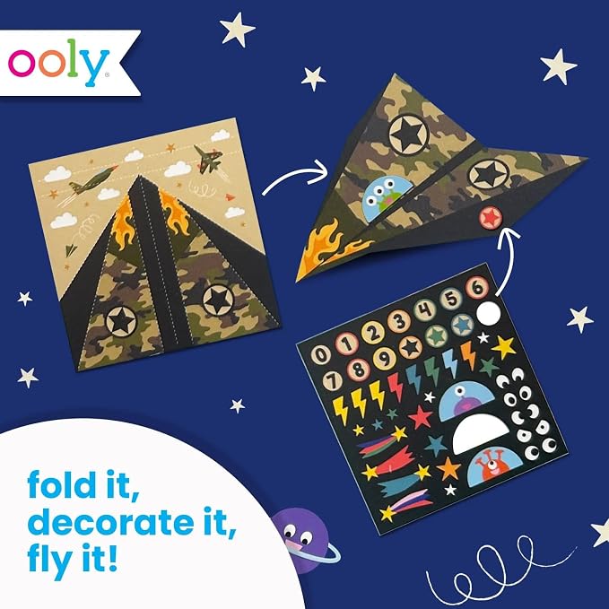 Ooly DIY Paper Airplane Book, 24 Paper Planes & Stickers, Kit Includes 12 Completed, 6 Blank and 6 Color-in Planes, Great Gifts for Kids, Activities for Boys and Girls