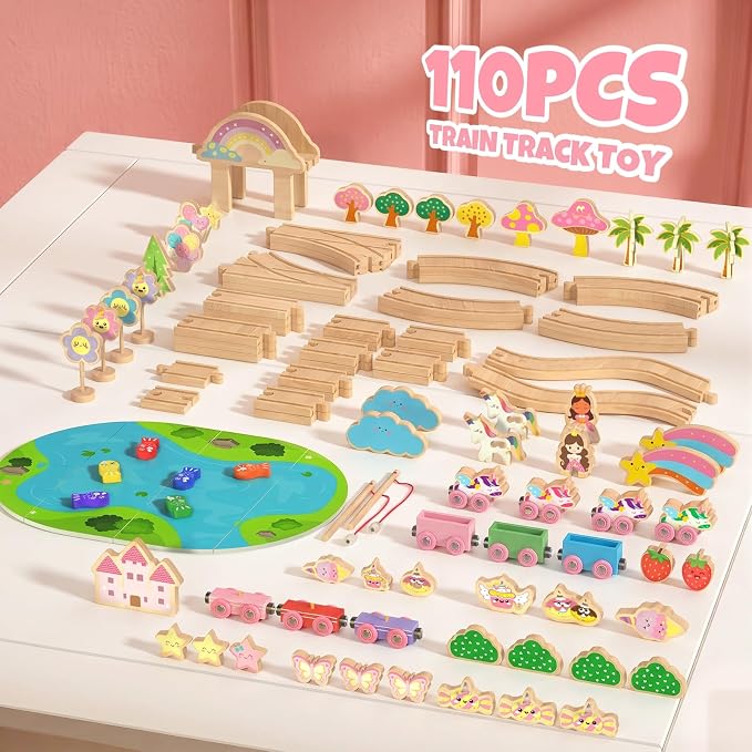 Hot Bee 110PCS Wooden Train Set, Toy Train Track Set for Toddlers Girls 2-4, Pink Wood Train Track with Fairies & Unicorns, Girl Train Set Birthday Gifts for 2 3 4 5 6 7 Year Old