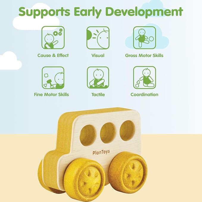 PlanToys® Wooden Timber Trail Bus | Montessori Push and Roll Toy for Fine Motor Skills, Coordination and Cause and Effect Learning | Eco Friendly Toy Vehicle for Imaginative and Active Play