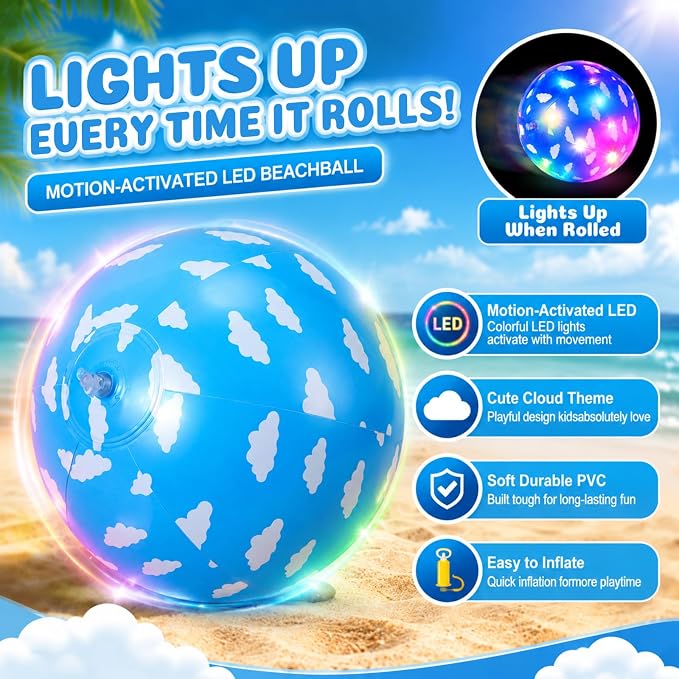 Vinsot 12 Pack Light up Inflatable Beach Ball 7.87" Blue Sky White Clouds LED Beach Balls for Kids, Motion Activated Glow in The Dark Swimming Pool Toys, Birthday Party Favors