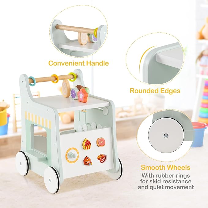 HONEY JOY Baby Push Walker, 8-in-1 Wooden Kids Ice Cream Cart & Activity Walker, Develop Motor Skills & Creativity, Dessert Shop Push Toys for Babies Learning to Walk, Gift for Boys and Girls (Green)