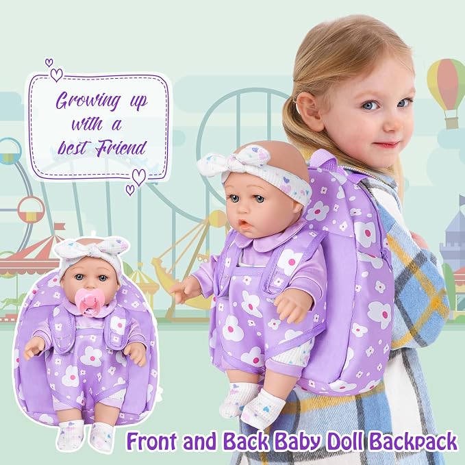 UZIDBTO 12" Baby Doll with Flower Pattern Backpack Carrier,12 Inch Realistic Baby Dolls with Clothes and Accessories Hanky Pacifier Bottle Diaper Toy Pretend Play Collection for 3+ Child Girls Gifts