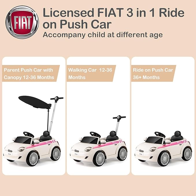 Licensed Fiat 500 Ride on Push Car by INFANS, 3 in 1 Baby Stroller Sliding Walking Car with Retractable Footrest, Parent Control Handle, Horn, Foot-to-Floor Toys for Kids Toddlers 18 Month+ (White)
