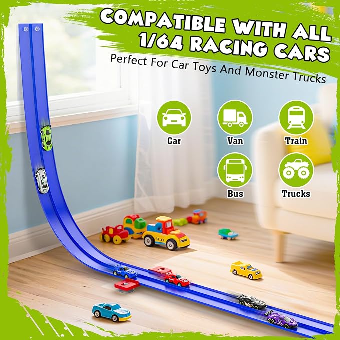 Wupuaait Flexible Race Car Track for Kids, 15Ft Race Track Toy with 4 Cars and Suction Cups, Rolls Up Portable Racetrack Compatible with All 1:64 Cars Toys, Birthday Gifts Toys for Boys Girls