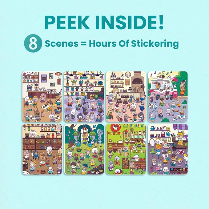 Llama Village 300+ Kids Sticker Book by Cupkin Toddler Airplane Travel Activity Coloring and Sticker Book, Road Trip Essentials, 12 Coloring Pages 12 Scenes for Ages 2–8 Years