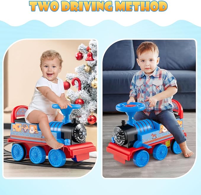 OLAKIDS Kids Ride On Train with Track, 6V Electric Toy with Lights and Sounds, Retractable Footrest, Under Seat Storage, Christmas Theme Battery Powered for Toddlers Boys Girls (1 Seater, Circus)