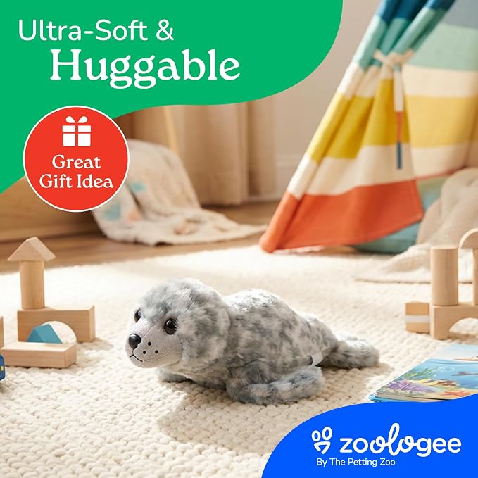The Petting Zoo Harbor Seal Grey Stuffed Animal Plushie, Gifts for Kids, Scoopz Sealife Animals, Seal Plush Toy, 10 inches