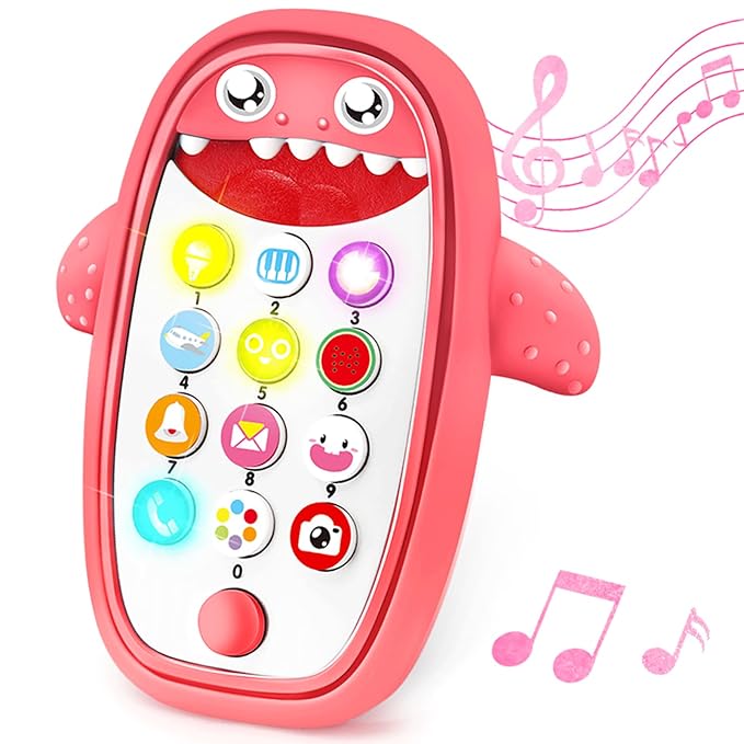 Baby Shark Cell Phone Toy Removable Teether Case, Light, Music Adjustable Volume Kid Play Learn Fake Phone Infant Toddler, Preschool Holiday Birthday Present Gift for Girl Boy 12 Months (Red)