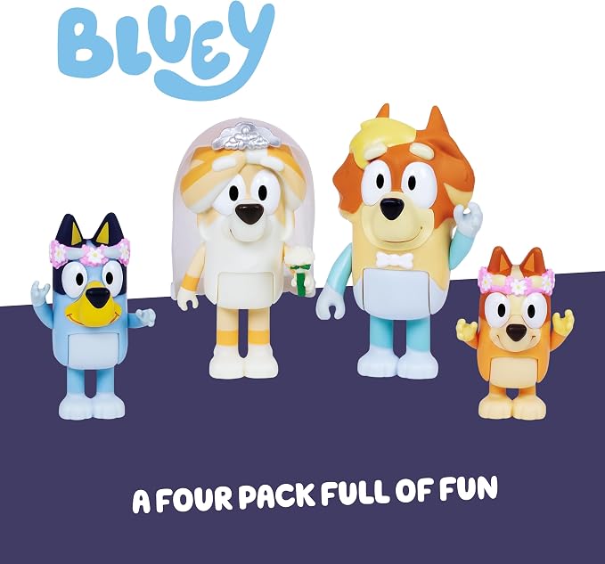 Bluey Wedding Figures Pack of 4, Articulated Character Toys with Uncle Rad, Frisky, and Flower Bingo Figurines, Action Figures for Kids Ages 3+