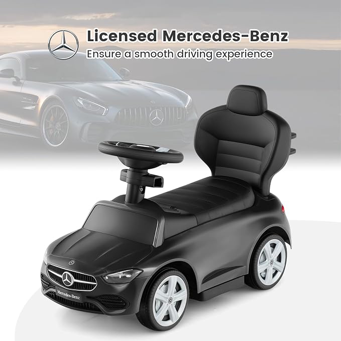 OLAKIDS Push Car for Toddlers, 3 in 1 Licensed Mercedes Benz Baby Sliding Walking with Parent Control Handle Adjustable Canopy Guardrail Under Seat Storage, Kids Ride on Toys with Horn (Dark)
