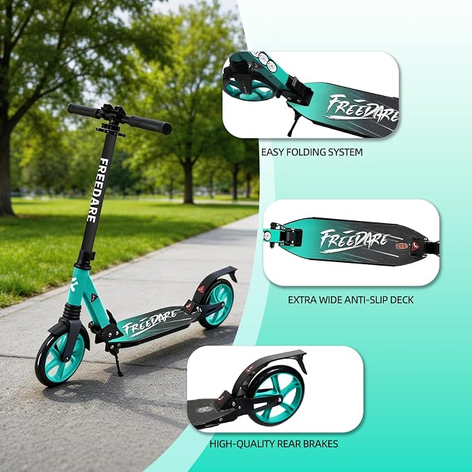 FREEDARE Kick Scooter for Kids & Adults Ages 8+, Foldable Teen Scooter with 2 Big 8-inch Wheels and 4-Level Adjustable Handlebar, Max Load 220 LBS