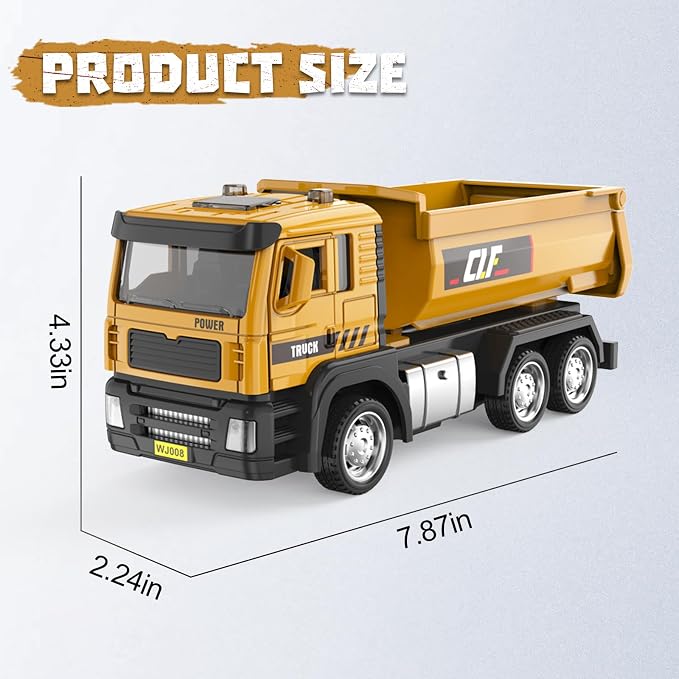 1:50 Die-Cast Dump Truck Toy, Pull-Back with Lights & Sounds, Opening Doors & Tiltable Dump Bed, with Simulated Rocks, for Kids 3-9