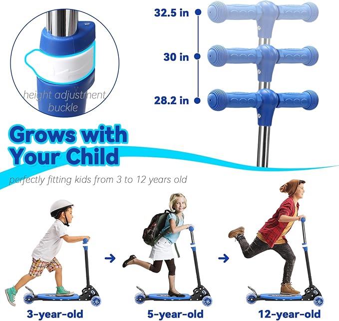 Scooter for Kids 3-12, Kid Scooters with Extra-Wide Deck, 165 lbs Capacity, 3 Wheel Kick Scooter with Lean to Steer, Height Adjustable Handlebar, Light Up Wheels for Stable Smooth Riding, Child Gift
