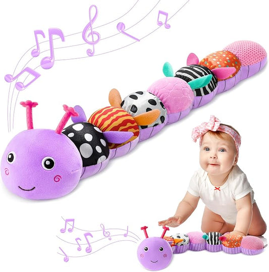 AWOTOY Baby Toys 0-6-12 Months,Musical Caterpillar Stuffed Animals Activity Infant Toys with Crinkle,Rattles,Muti-Teething Sensory Toy,Boy Girl Gifts for Newborn Tummy Time,Purple