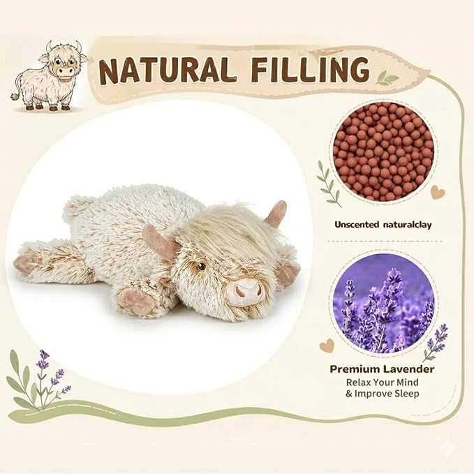 Microwavable Highland Cow Stuffed Animal, 1.4Lb Weighted Stuffed Animals Heating Pad with Lavender Scent, Cozy Warm Plush Toy for Kids,Girls,Women, Cute Soft Gift for Bedtime, Relax & Comfort