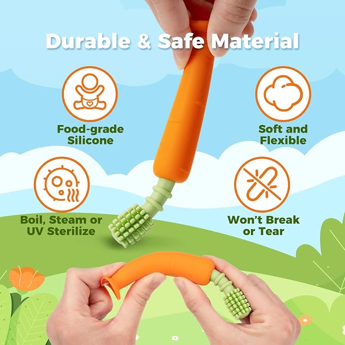 Papablic Baby Toothbrush Teether, 360° Carrot Toothbrush Teething Toy with Suction Base, Children's Day Gift Travel Essentials for Toddler Infants 6-12 Months