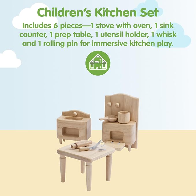 PlanToys® Wooden Victorian Kitchen Set | Montessori Dollhouse Kitchen Setup for Food Preparation, Social Skills & Imaginative Storytelling | Eco Friendly Wooden Dollhouse Kitchen Furniture