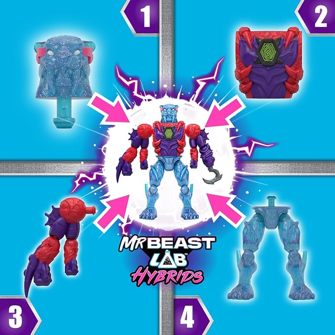 MrBeast Lab Hybrids Multi Pack, Reveal Different Hybrid Parts to Create 2 Mix & Match Action Figures, Plus Parts of The Golden Panther Dragon, Fuse Beast Combinations, Spider vs Energy Panther