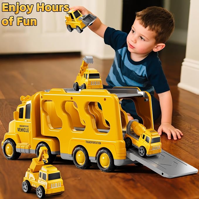 Construction Trucks Toys for 3 4 5 Years Old Boys - 5-in-1 Carrier Transport Vehicle Truck for Toddlers 3-4 Years with Crane, Mixer, Pushdozer and Excavator, Car Toys Birthdays Gift