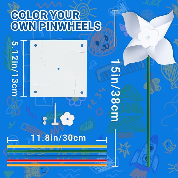 200 Pcs DIY Pinwheels Craft for Kids, Color Your Own White Pinwheel,Bulk Summer Pinwheel Craft Kit,Bulk Pinwheels for Spring Art and Creativity (200)