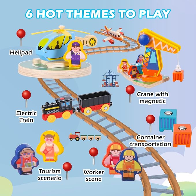 120Pcs Wooden Train Tracks Set, 398-inch Track Expansion, Toddler Railway Bridge Toy Train Set with Airplane and Magnetic Crane, Birthday Gifts for Boys and Girls, Compatible with All Major Brands