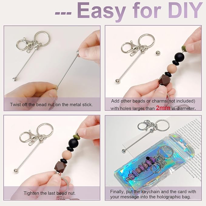 42/84/126 Pcs Beadable Keychain Bars Bulk Blank DIY Beaded Keychain Making Supplies with Bag Thank You Card