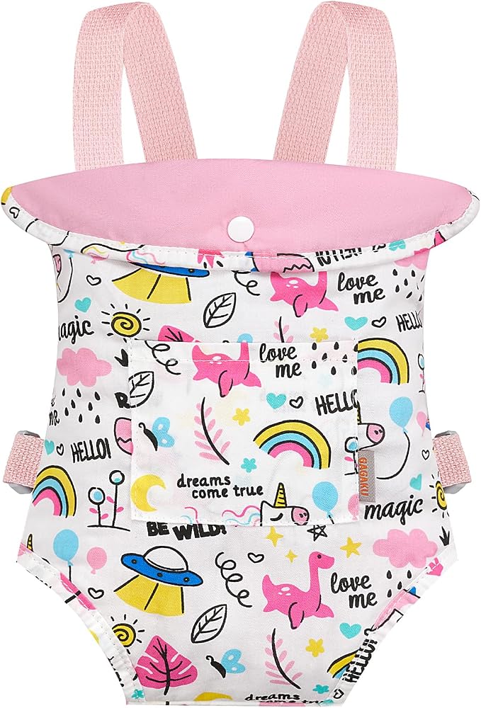 GAGAKU Toy Doll Carrier, Reborn Baby Doll Accessories for Toddlers Kids Aged 3+ Years Old - Pink - Rainbow Amusement Park