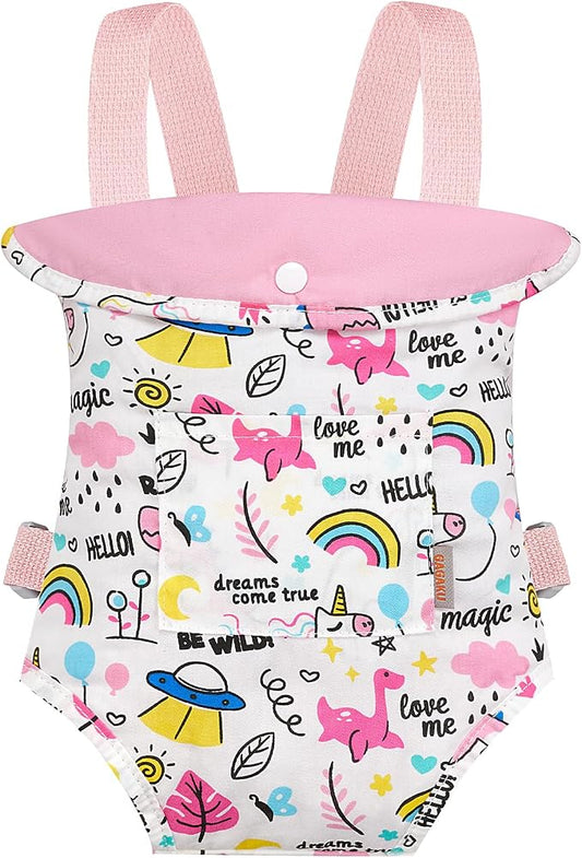 GAGAKU Toy Doll Carrier, Reborn Baby Doll Accessories for Toddlers Kids Aged 3+ Years Old - Pink - Rainbow Amusement Park
