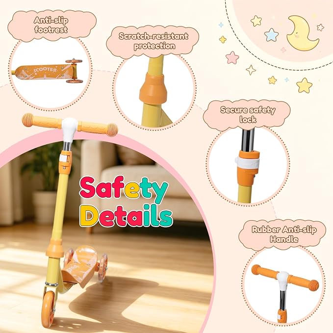 Three Wheel Scooter for Kids 2-5, Light Up Princess Scooters with Handleber-Steer, Adjustable Height Kick Scooters for Boys & Grils, Indoor and Outdoor Use