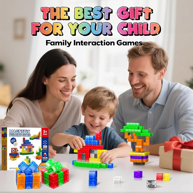 Goody King Magnetic Blocks with Toy Eyes, Transparent Magnetic Cubes,Montessori Sensory STEM Magnetic Cubes for Kids, 1''Travel Magnetic Blocks for Toddlers 3+ Year Old Boys Birthday Girls(56PCS)