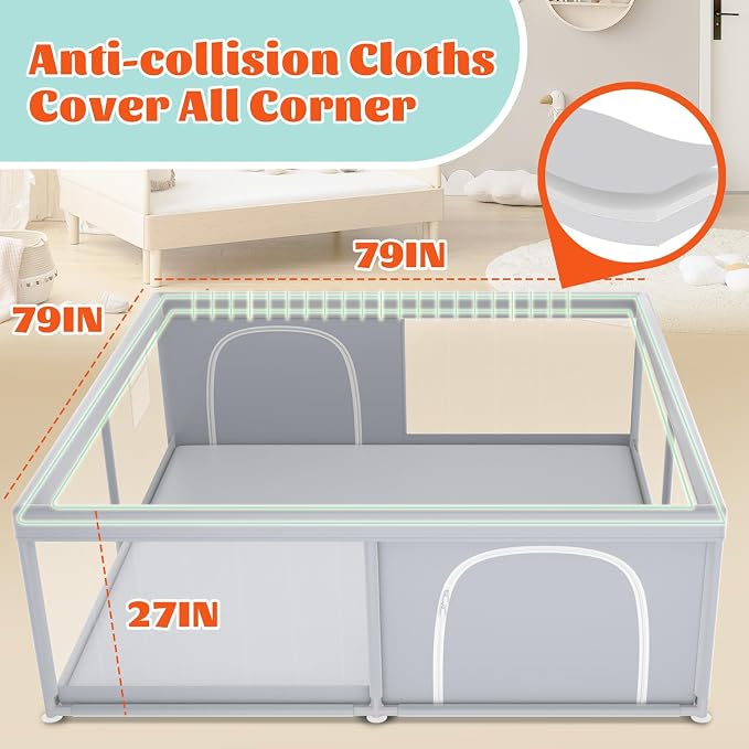 XVISHX Baby Playpen, 79''x79'' Extra Large Playpen for Babies and Toddlers, Baby Fence Play Pen for Indoor & Outdoor, with Soft Breathable Mesh Grey