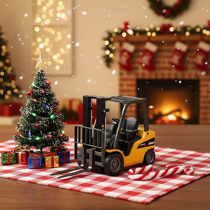 Liftable Forklift Toy, All Metal Die-cast Construction Fork Truck with Articulating Arm, Movable Forks - Scale Mini Vehicle Model for Kids Adult Collection & Desk Decoration- Yellow