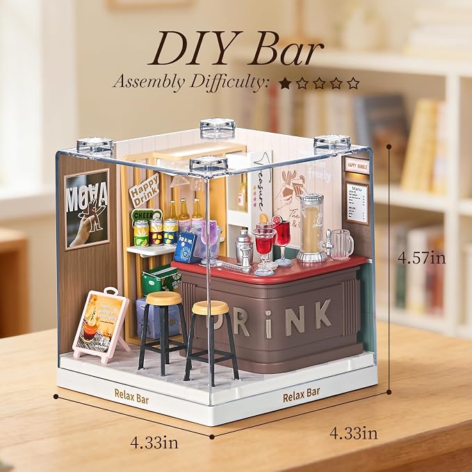 Miniature Lounge Bar DIY Kit with Acrylic Display Case – Cozy Mini Bar Dollhouse Scene, Tool-Free Craft Set for Teens, Adults & Beginners
