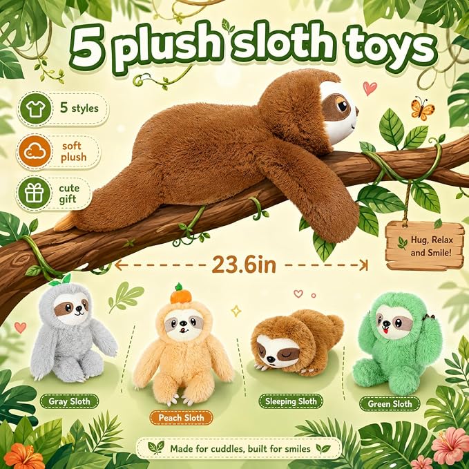 Tezituor Sloth Stuffed Animal Set, 23.6 Inch Giant Mommy Sloth Plush with 4 Baby Sloths, Large Soft Sloth Toy for Kids Adults,Sloth Plushies,Christmas Birthday Valentine’s Day