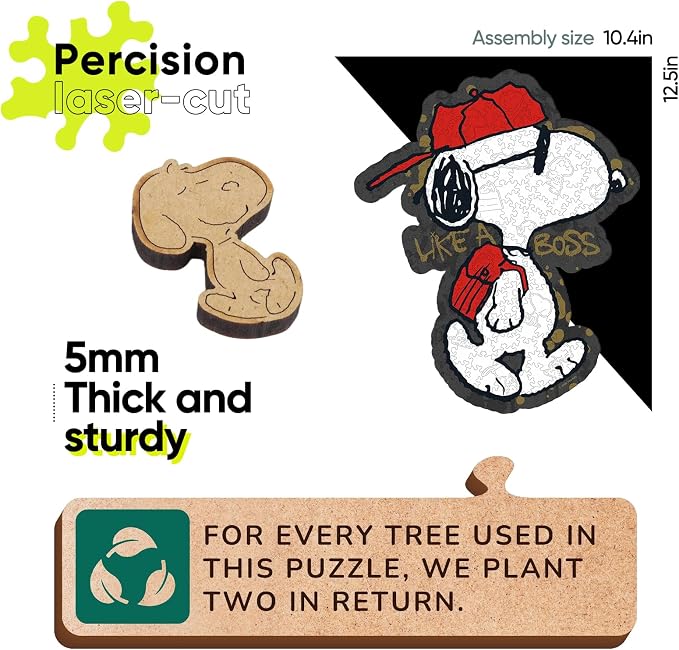 Peanuts Wooden Puzzles for Adults – Snoopy Puzzles for Fans, 200 Pieces Unique Shaped Jigsaw Puzzles, Best Gift for Snoopy Lovers, 5MM Thick, Officially Licensed Merchandise – Joe Cool, 12.5" x 10.4"