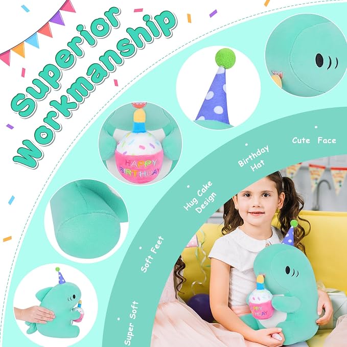 Auspicious beginning Birthday Gift Shark Plush Stuffed Animal, 11.8'' Kawaii Soft Birthday Shark Plush Toys with Holding Cute Birthday Cake Gift for Girls Boys, Children's Day, Anniversary, Green