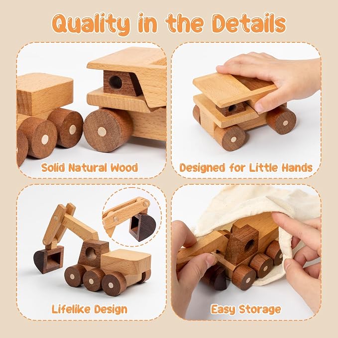 Wooden Toy Cars for 3 Year Old Boys & Girls - Construction Vehicles Set Push Toys for Toddlers, Wood Montessori Car with Rolling Wheels, Natural Wood Toys (Excavator & Dump Truck)