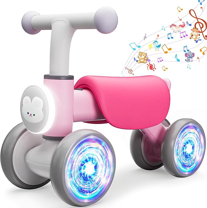 Balance Bike Toddler Outdoor Toys for 1 2 Year Old Girl Birthday Gifts | Baby Shower Gifts 4 Wheels Colorful Lighting Baby Bike with Music Ride On Toy for 1 2 Year Old
