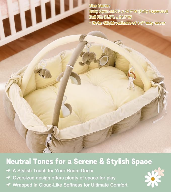 5-in-1 Baby Play Gym and Tummy Time Mat, 12 Learning Cards, Plush Activity Mat with 6 Toys, Baby Gym, Convertible to Ball Pit, Baby Gift, Cream
