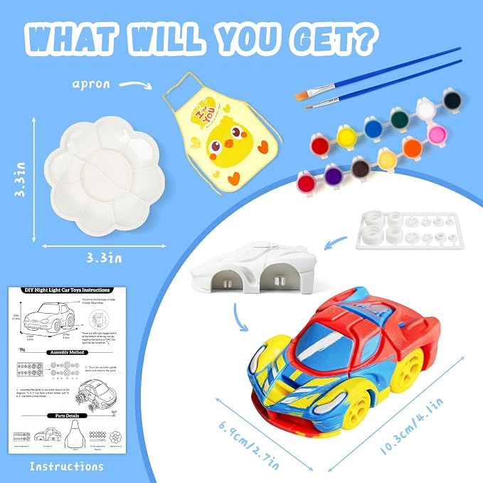 Paint Your Own Car Lamp Kit, Arts and Crafts for Kids Ages 8-12, Arts and Crafts for Kids 4-6, DIY Lightning Hyper Night Light, Painting Kit Birthday Gifts for Girls Boys Ages 3 4 5 6 7 8 9 10 11 12+