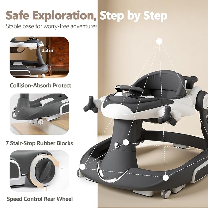 Kinder King 8-in-1 Baby Walker with Music & Lights, 3 Level Adjustable Height, Foldable Toddler Walker with Speed Adjustable Wheels, Easy to Clean, Baby Walkers for Boys & Girls 6-18 Months