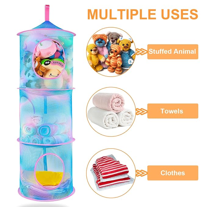 Basumee Stuffed Animals Net or Hammock 2 Pcs Stuffed Animals Storage Toy Net Hammock for Plushies Storage Organizer Mesh Kids Girls Room Decor, Blue Teal, 3 Tiers