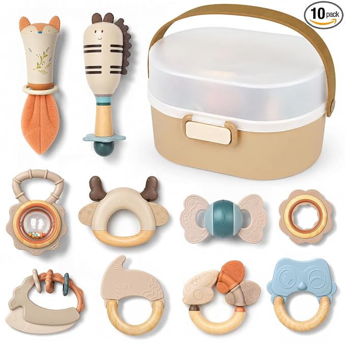 Joyreal Baby Rattles & Teething Toys Set, Baby Toys 0-6 Months, 10-Pack | Easy to Clean & Sterilize, Food-Grade Silicone, Neutral, Sensory Development, Textured Surface, Storage Box, Baby Shower Gift