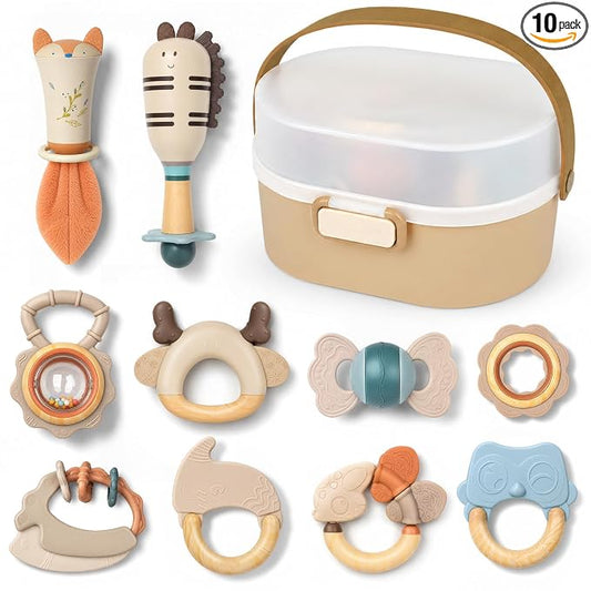 Joyreal Baby Rattles & Teething Toys Set, Baby Toys 0-6 Months, 10-Pack | Easy to Clean & Sterilize, Food-Grade Silicone, Neutral, Sensory Development, Textured Surface, Storage Box, Baby Shower Gift