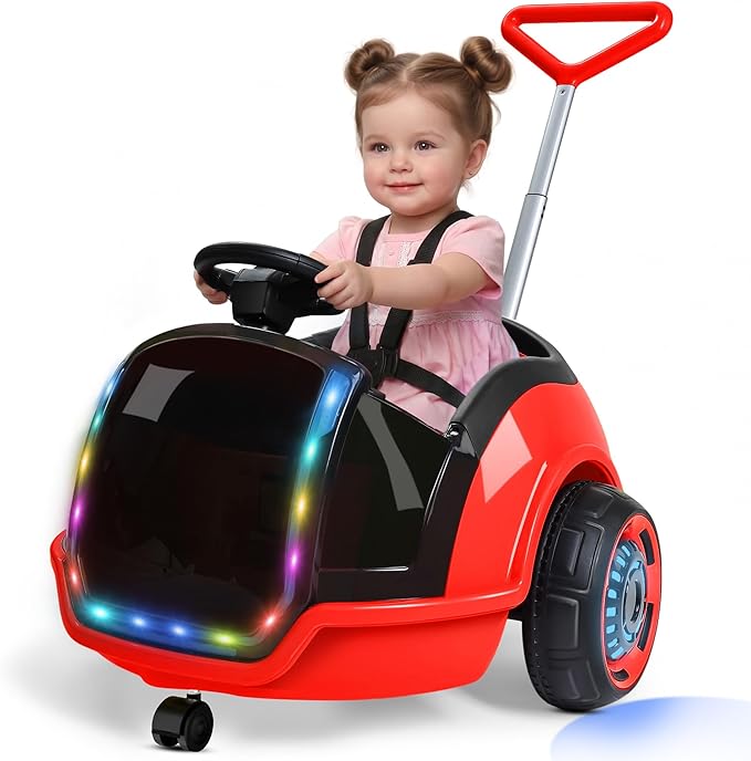 ANPABO 3-in-1 Electric Push Ride On Car, 12V Kids Ride On Toy w/Remote Control, 360° Spin, 5-Point Safety Belt, Colorful LED Light, Music Player, Push Car for Toddler Ages 1-3 (Red)