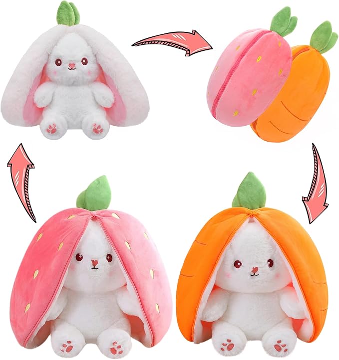 MIAODAM Cuddly Bunny Stuffed Animal, Kawaii Squishy Cute Easter Bunny Plush Turn Into Rabbit Fruit Doll Carrot Strawberry Bunny, Plushies Funny Bunny Toy for Kids