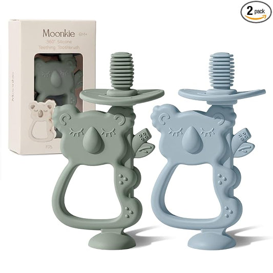Moonkie Teething Toy Set of 2, Safe & Easy to Hold BPA Free Silicone Teethers, 360° Baby Toothbrush with Suction Base, Teether Toys Best for Babies 6-12 Months (Koala Ether/Sage)