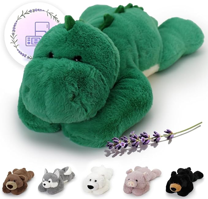 OSOCU® Microwavable & 1.8 LB Weighted Stuffed Animal - Green Dino Heating Pad with Lavender & Tourmaline - Soothing Warm Heatable Plush Toy for Menstrual Cramps, Muscle Aches, Shoulder Tension