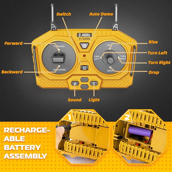 Samtop Rc Bulldozer Toys - Remote Control Bulldozer Construction Vehicles Trucks for Boys Kids Age 6 7 8-12 - Metal RC Electric Tractor Loader Toys with Light and Sound - 3-5 Birthday